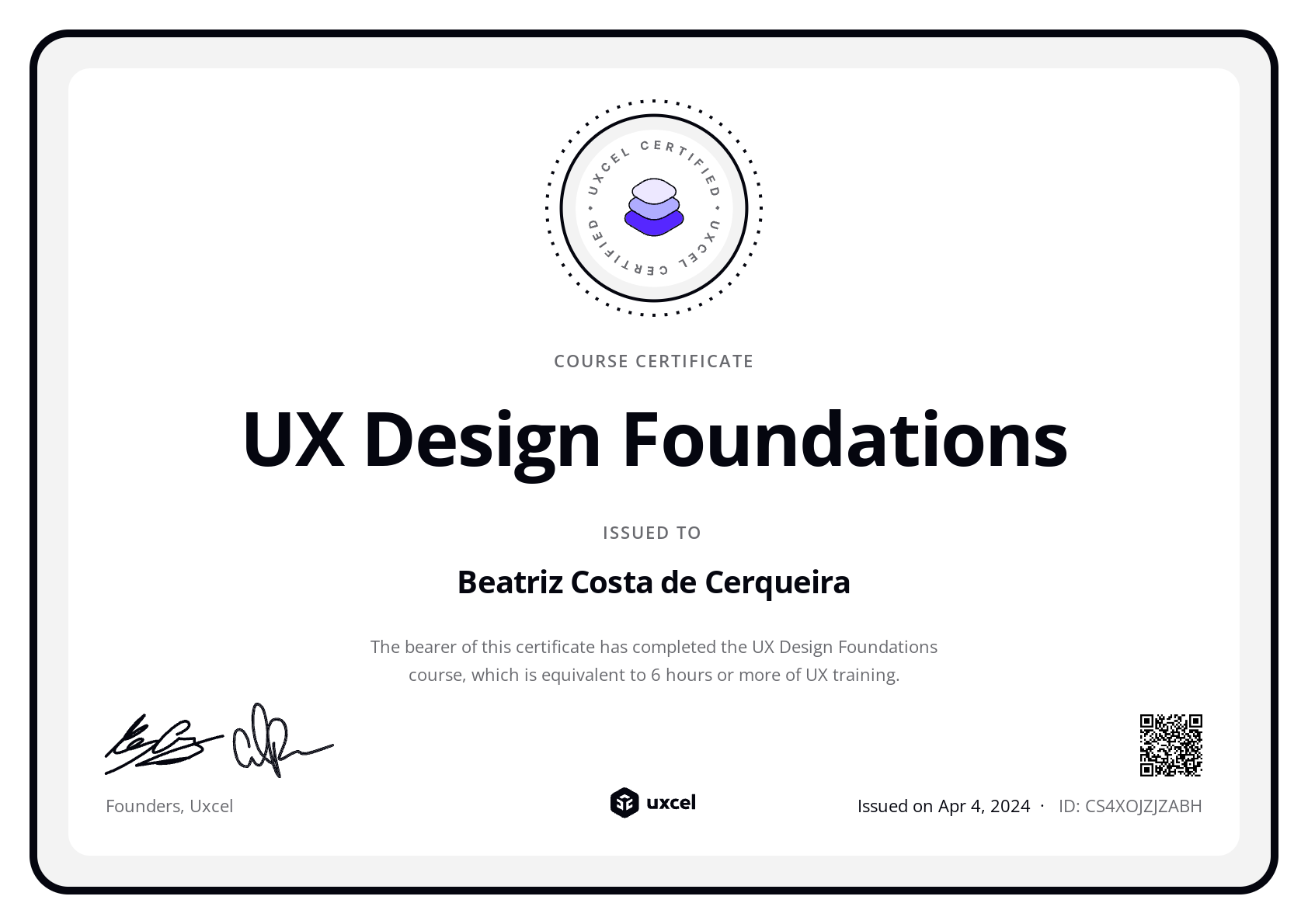 Beatriz Costa de Cerqueira's certificate